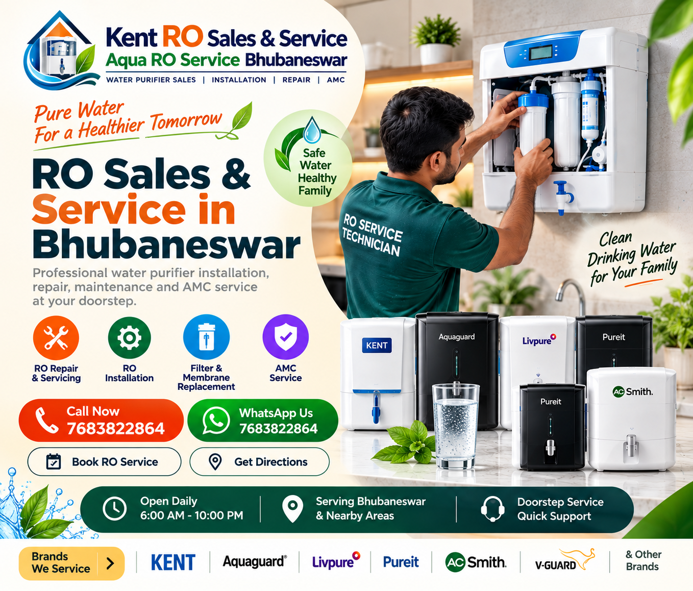 Aqua RO Service Bhubaneswar flyer showing purifier service technician and booking options