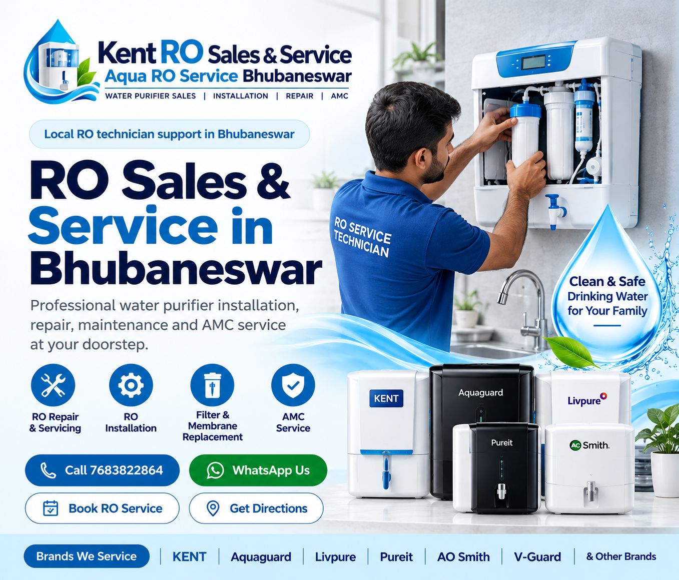 RO sales and service in Bhubaneswar banner showing purifier technician and contact options
