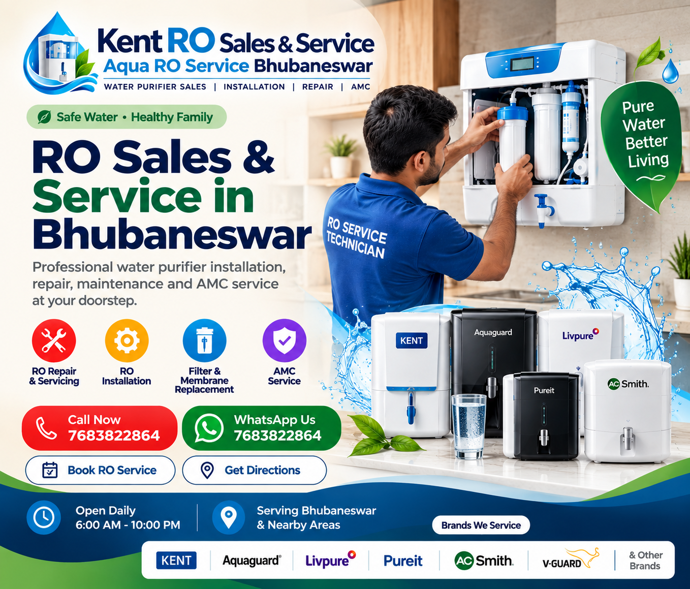 Bhubaneswar RO service solutions banner with technician, purifier brands and service contact details